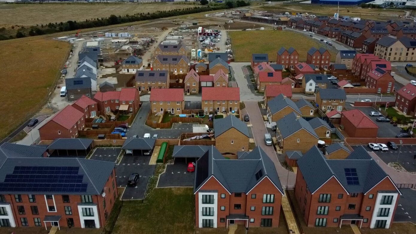 Aerial view of new housing development under construction.