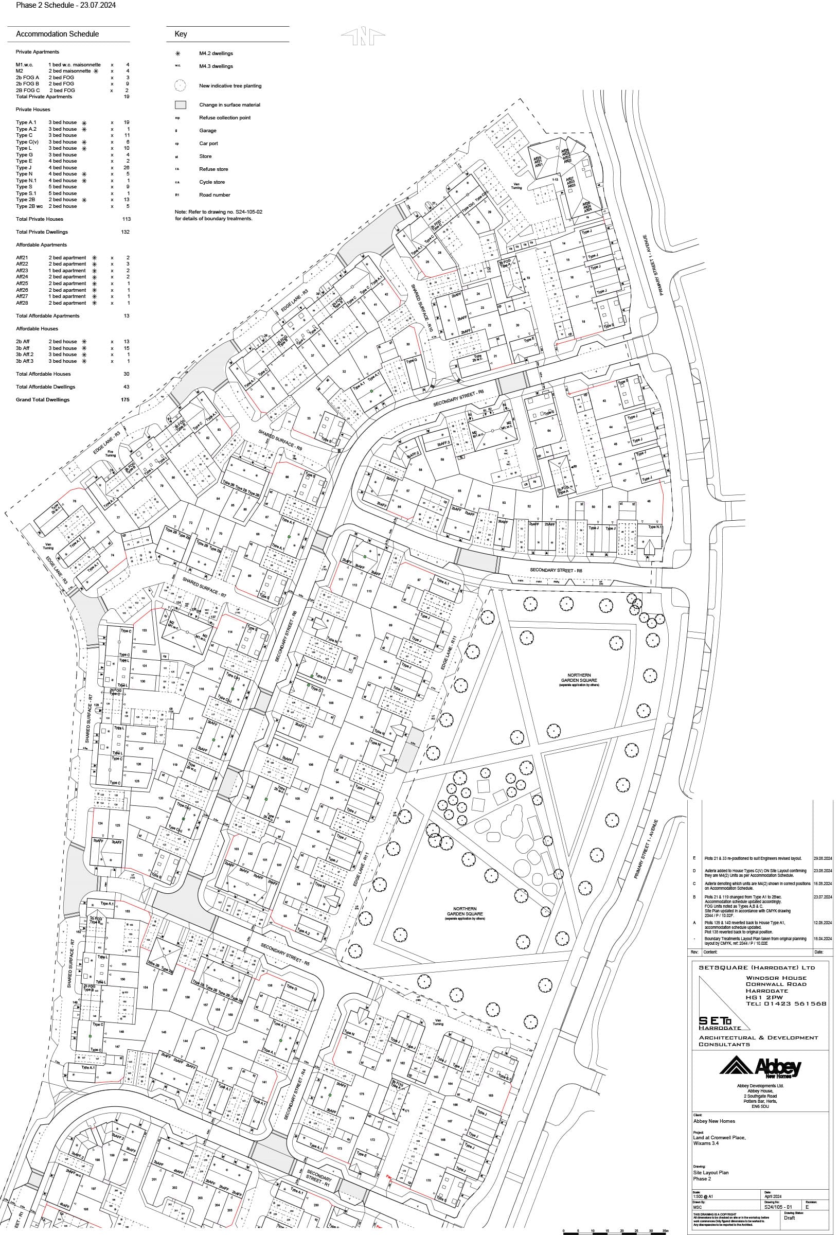 Residential site plan with house plots and roads.